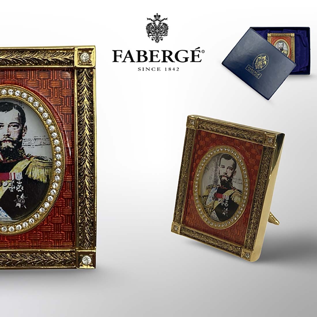 A House of Faberge Enamel Jeweled Miniature Frame, Signed & Boxed: A House of Faberge Enamel Jeweled Miniature Frame, Hallmarked, in original Box. H 1.75" x L 1.9" x W 1.5"