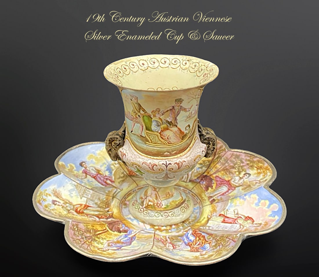 19th Century Austrian Viennese Silver Enameled Cup & Saucer: 19th Century Austrian Viennese Enamel on Silver Cup & Saucer. H 3.1" X W 5.1"