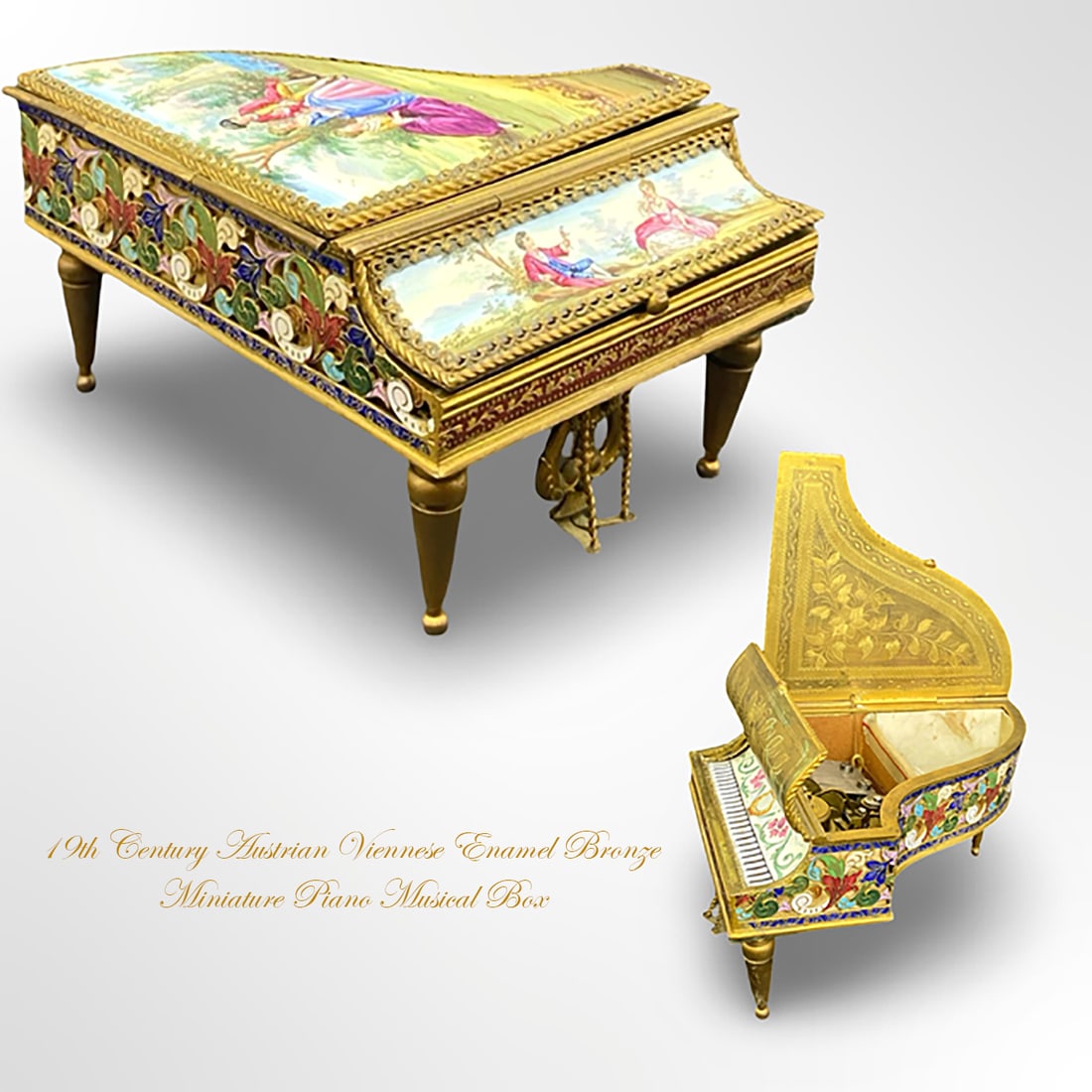 19th C. Austrian Viennese Enamel Bronze Miniature Piano Musical Box: 19th Century Austrian Viennese Enamel Bronze Mounted Miniature Piano Musical Box. H 3.25" x L 6" x W 4.25"