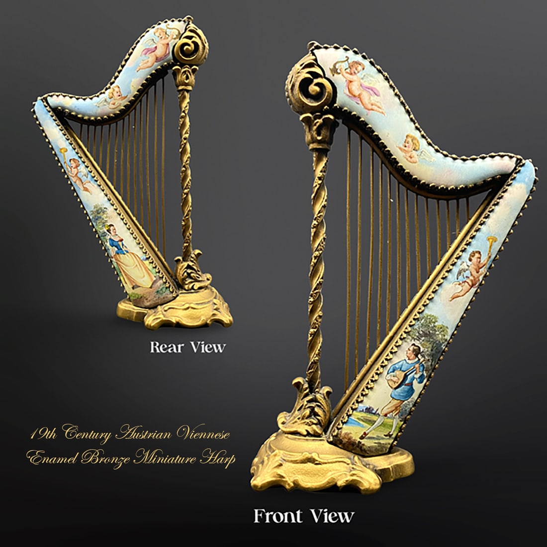 19th Century Austrian Viennese Enamel Bronze Miniature Harp: 19th Century Austrian Viennese Enamel Bronze Miniature Harp, Hallmarked. H 5" x L 3.25" x W 1.25"