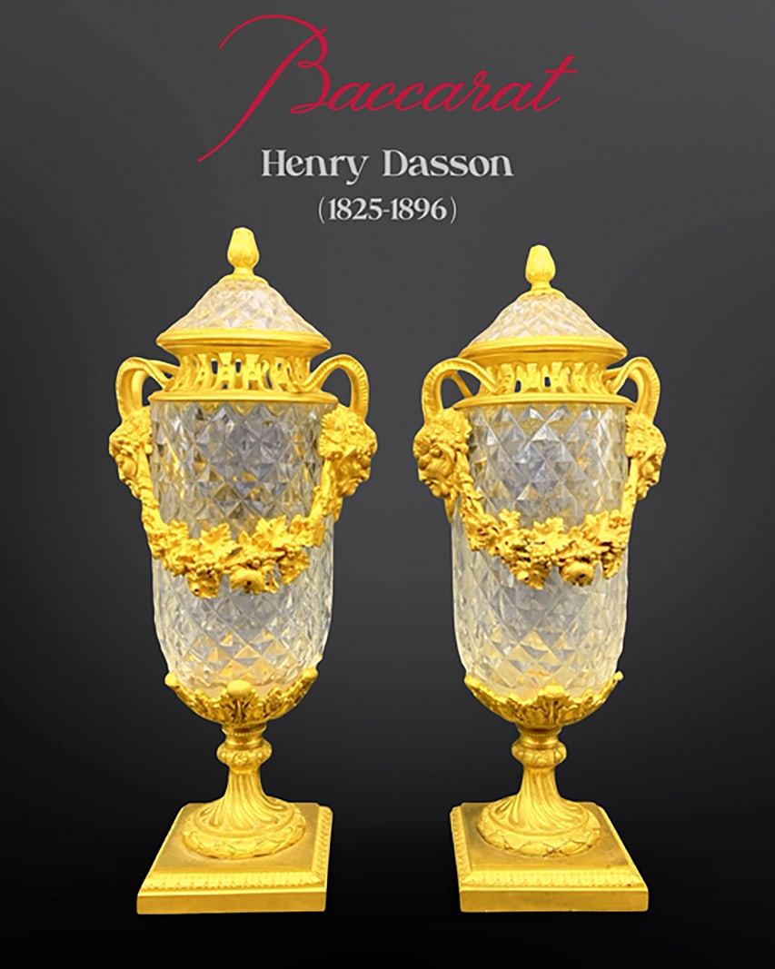 A Pair of 19th C. Baccarat Crystal Satyr Figural Bronze Vases/Urns, Signed: A Pair of 19th Century French Baccarat Crystal Satyr Figural Bronze Mounted Vases/Urns, Hallmarked & Signed by Henry Dasson 1879. H 12" x L 5.25" x W 3.5"