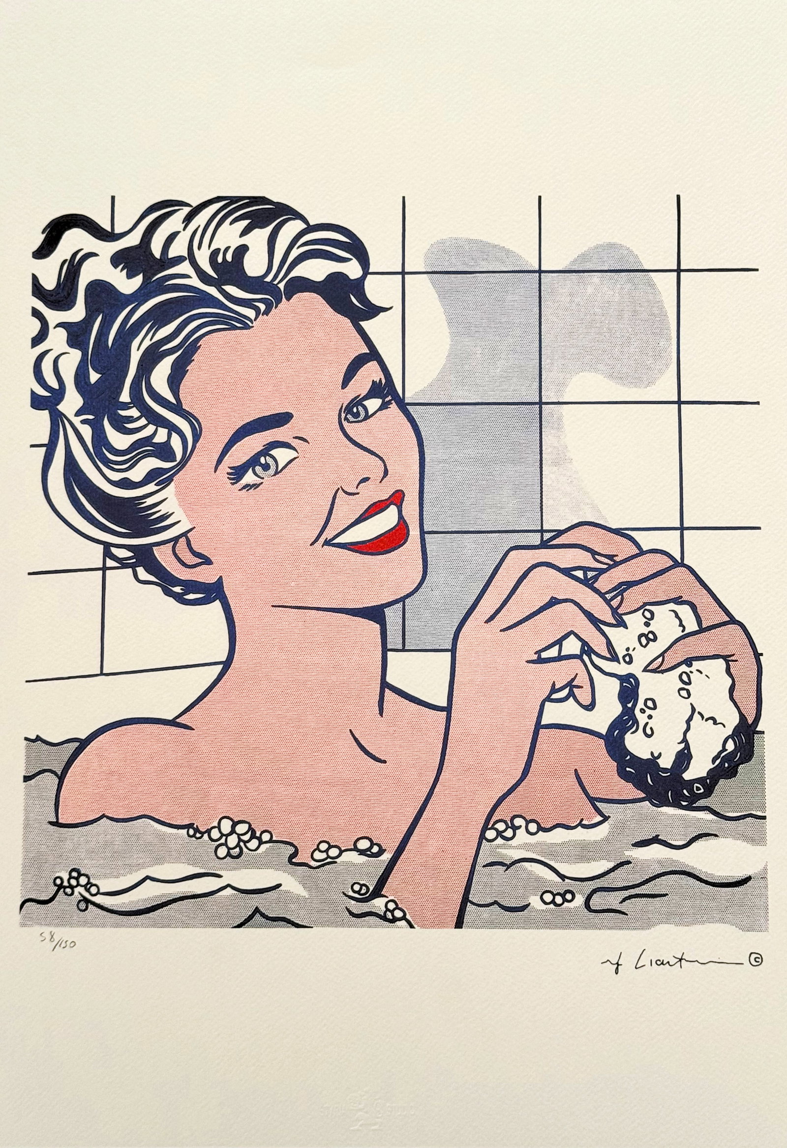 Woman in the Bath, A Roy Lichtenstein Limited Edition Lithography Print: Woman in the Bath, A Roy Lichtenstein Signed Limited Edition Lithograph print. Signed in print plate. Hand numbered #58/150. Dry Stamp of the Publisher STYRIA STUDIO, Stamp Castelli Graphics New York 