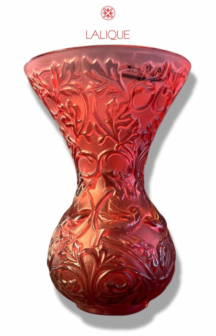 A French Lalique Arabesque Red Crystal Vase, Signed: A French Lalique Arabesque Red Crystal Vase, Signed. 5.25" x 3.5"