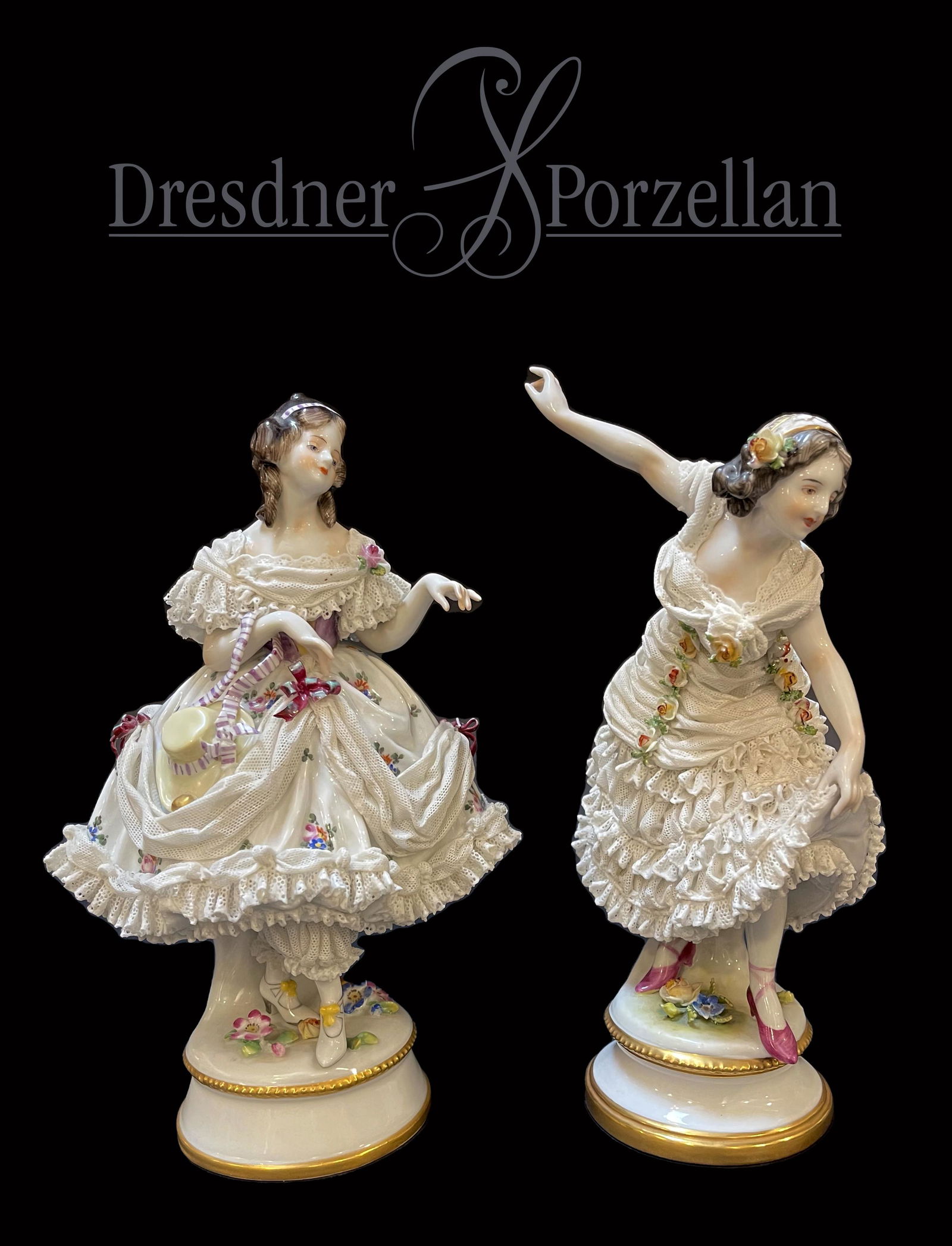 The Dancers, A Pair Of 19th C. German Dresden Hand Painted Porcelain Figurines, Hallmarked. (1 of 16)