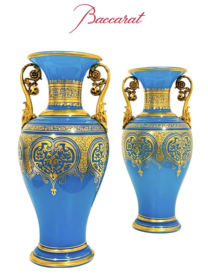 A Pair Of Museum Quality 19th C. Baccarat Blue Opaline Bronze Vases (1 of 7)