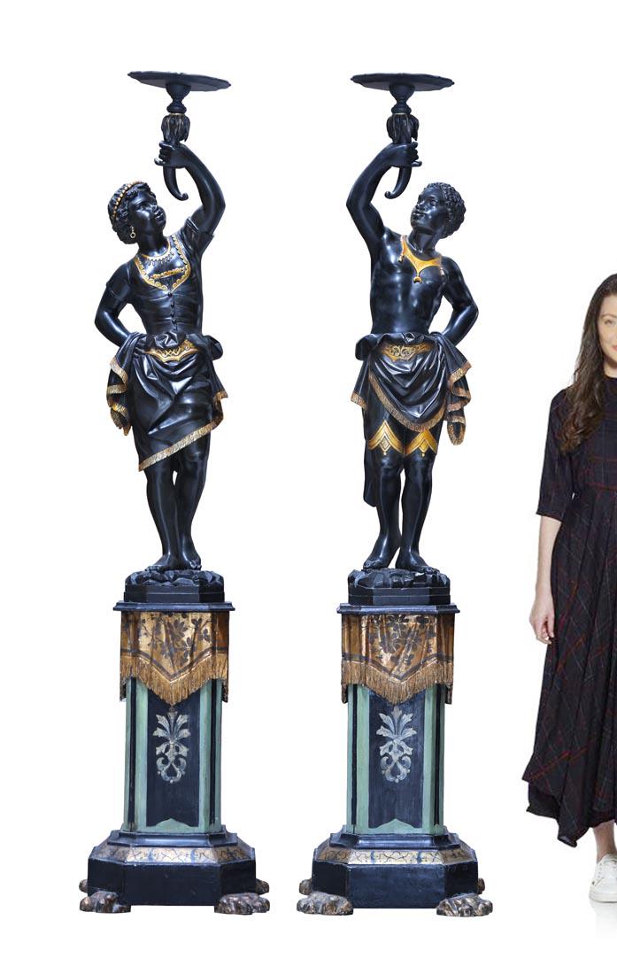 A PAIR OF 19TH C. VENETIAN EBONISED, GILT & POLYCHROME BLACKAMOOR FIGURAL TORCHERES (1 of 1)