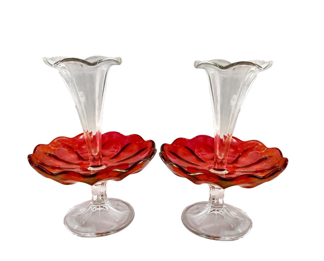 A Pair Of 19th C. Victorian Style Cranberry Glass Epergnes: A Pair Of 19th C. Victorian Style Cranberry Glass Epergnes. H 9.8"