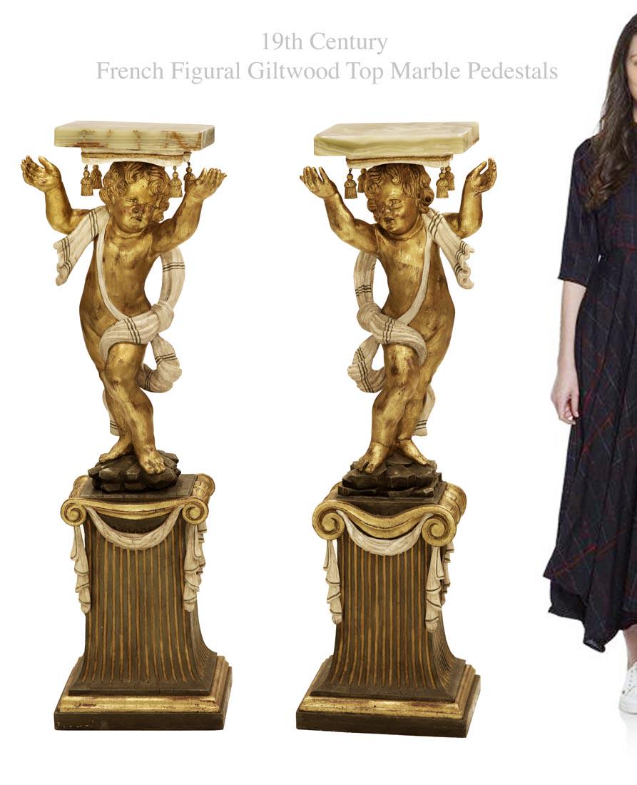 A Pair Of 19th C. French Carved Giltwood Top Marble Figural Pedestals (1 of 1)