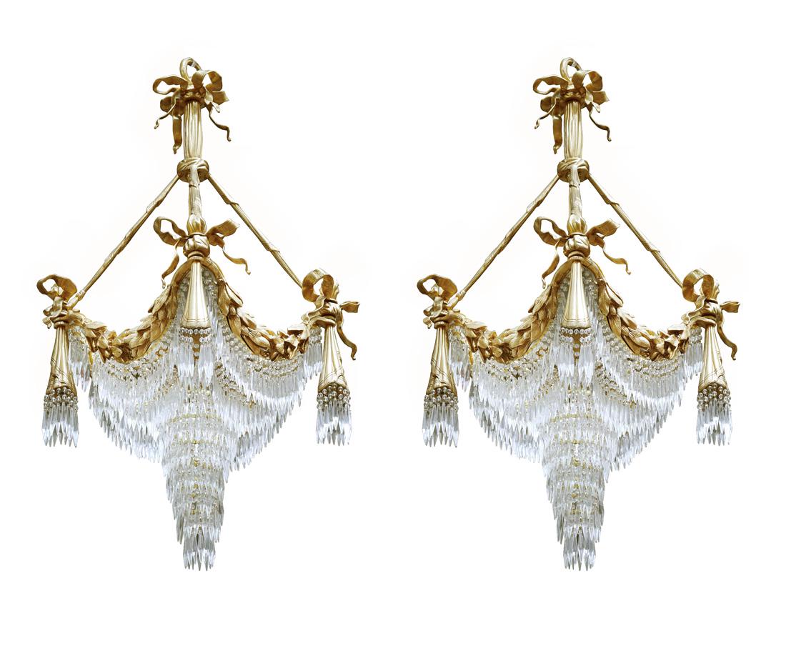 A Pair Of Louis XVI Style Bronze & Crystal Chandeliers: A Pair Of Louis XVI Style Bronze & Crystal Chandeliers. H47" x 31" x 31" (each one). Note: These items will be set with Item #3 at this auction.
