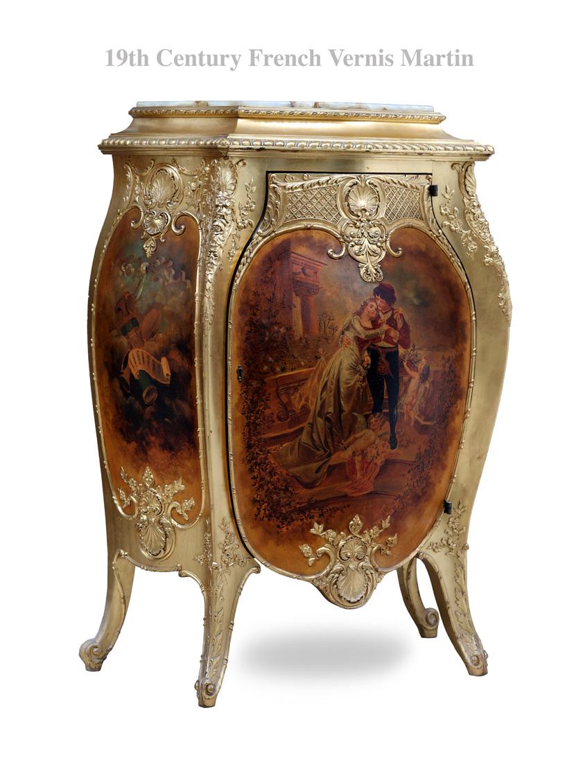 19th C. French Louis XV Gold Gilt Wood Vernis Martin Curved Cabinet (1 of 1)