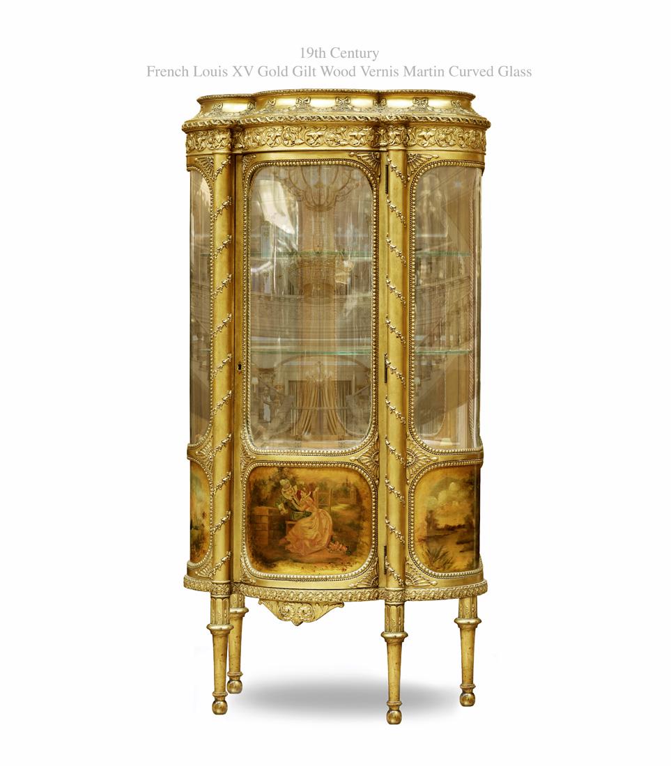 19th C. Louis XV Gold Gilt Wood Vernis Martin Curved Glass Vitrine Cabinet (1 of 1)