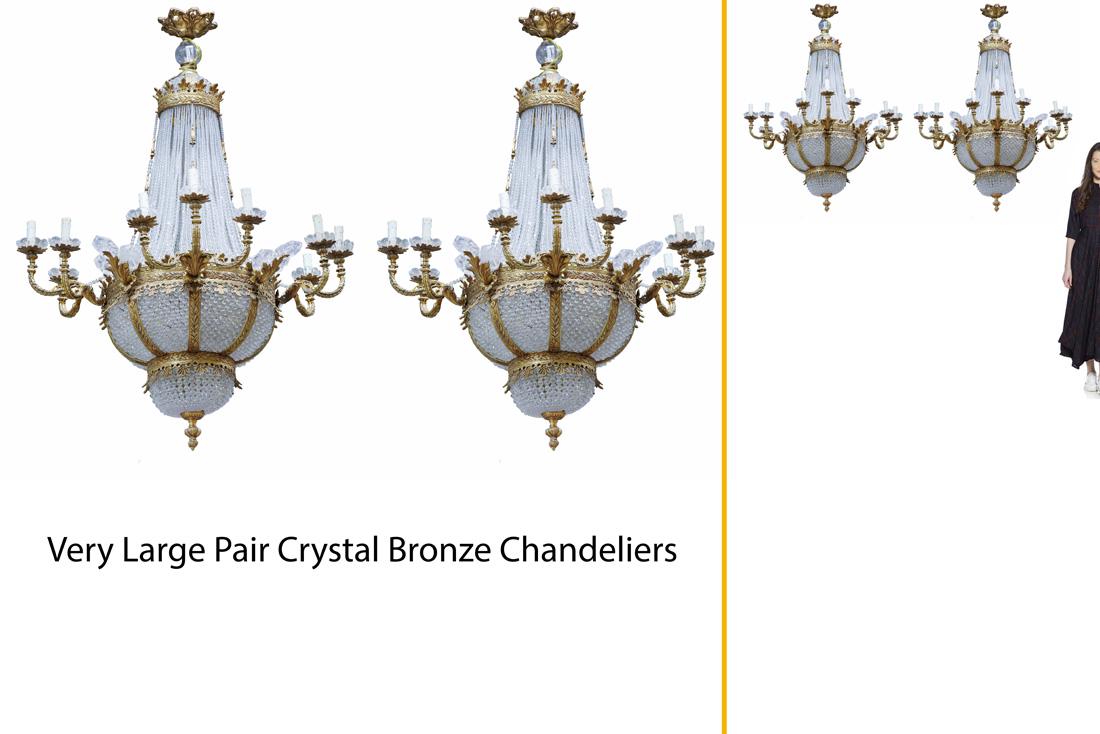 Very Large Pair Of Bronze & Crystal Chandeliers: Very Large Pair Of Bronze & Crystal Chandeliers. H 47" x 31" x 31" (each one).
