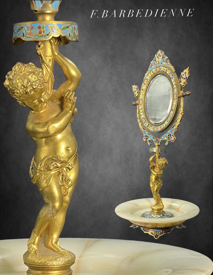 19th C. Ferdinand Barbedienne Champleve Enamel Bronze & Marble Figural Table Mirror (1 of 9)