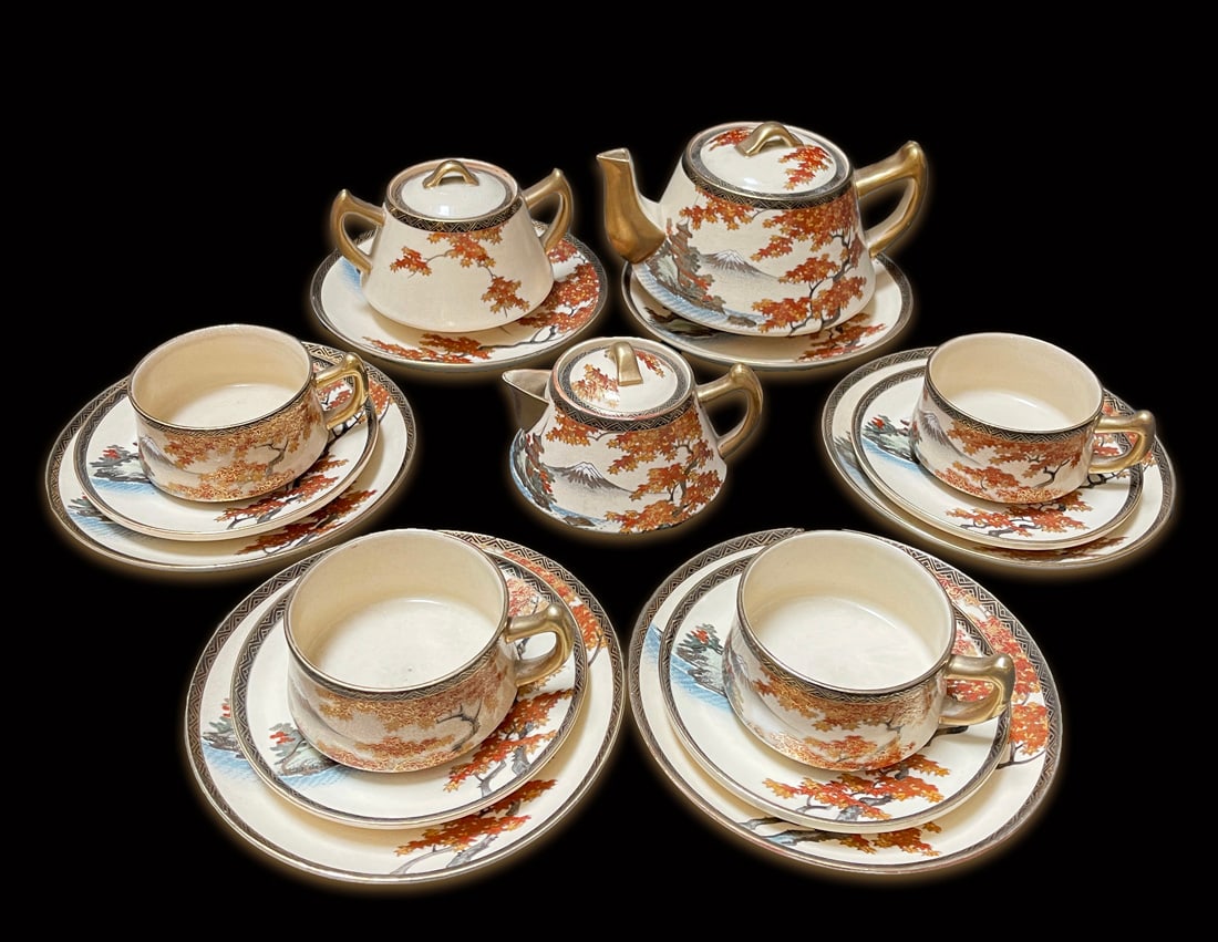 19th C. Japanese Satsuma Hand Painted Porcelain Tea Set, Hallmarked. (1 of 12)