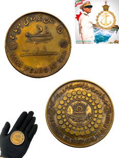Iran Persian Pahlavi, I.I.N. Celebrates 50th Anniversary of Pahlavi Dynasty Bronze Medal/Coin: Iran Persian Pahlavi, 2500 years at Sea, I.I.N. Celebrates 50th Anniversary of Pahlavi Dynasty Commemorative Bronze Medallion.
