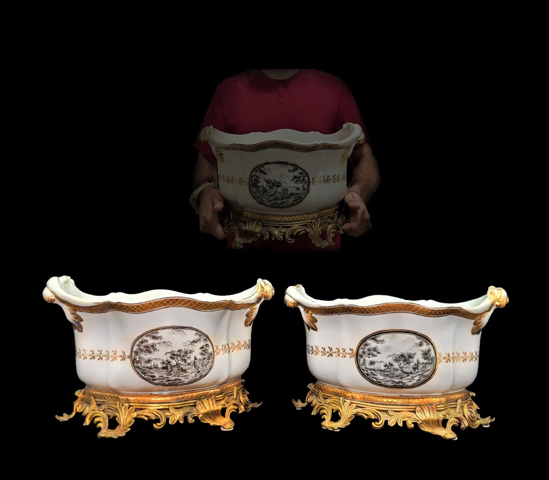 A Pair Of Large 19th C. French Bronze & Porcelain Jardinieres/Planters (1 of 14)