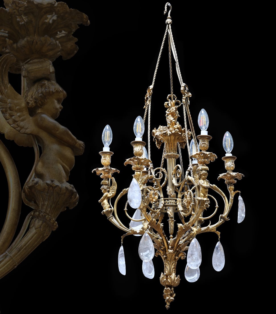 A Museum Quality 19th C. French Rock Crystal Figural Bronze Six-Lights Chandelier (1 of 1)