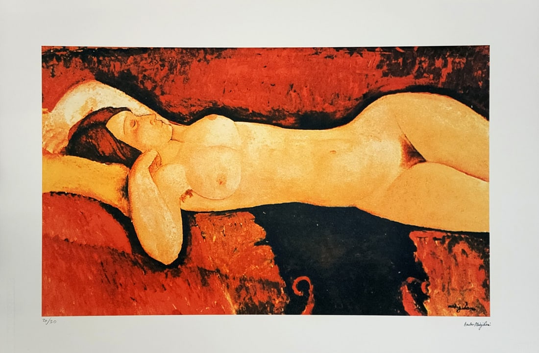 Reclining Nude, An AMEDEO MODIGLIANI Lithograph Print, Limited Edition: Reclining Nude, An AMEDEO MODIGLIANI Lithograph Print On imprinted Stamp Georges Israel Editeur Handmade Paper, Limited Edition. Signed in print plate & Numbered. Limited Edition of 50 pieces, Each pi