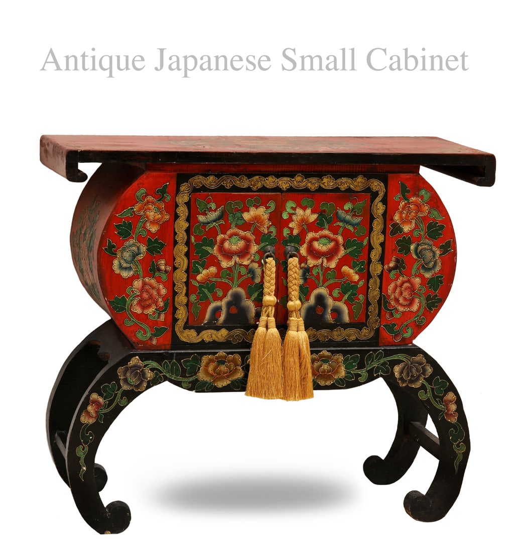 An Antique Japanese Hand Painted Wooden Cabinet Side Table (1 of 1)