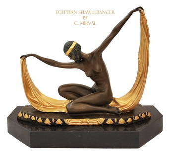 Egyptian Shawl Dancer, A Cold Painted Bronze Statue On Marble Base, C. MIRVAL Signed: Egyptian Shawl Dancer, A Cold Painted Bronze Statue On Marble Base, C. MIRVAL Signed. This sculpture was cast using the "Lost Wax Method". Total Dimensions: H 10" x W 12"; Weight: 10 LBS