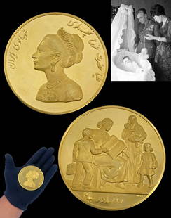 IRAN PERSIAN QUEEN FARAH PAHLAVI MOTHERS DAY 22K GOLD MEMORIAL COIN/MEDAL: IRAN PERSIAN QUEEN FARAH PAHLAVI MOTHERS DAY 22K GOLD MEMORIAL COIN/MEDAL. This is a magnificent Circa 1976, 22K gold "Mothers Day" coin of Queen Farah Pahlavi of Iran, with a wonderful detail,