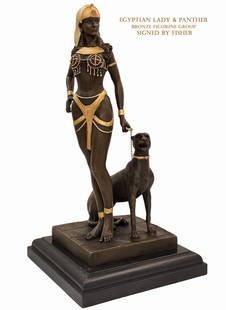 Egyptian Panther Lady, A Large Patinated Bronze Figurine Group, Signed: Egyptian Panther Lady, A Large Patinated Bronze Figurine Group On black marble base. Fisher Signed. H 22" x 12" x 12"