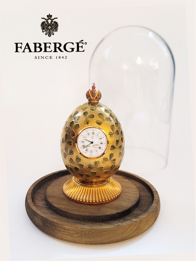 Clover Egg, A Theo Faberge Glass Enamel & 23K Gold Quartz Crystal Clock Egg (1 of 6)