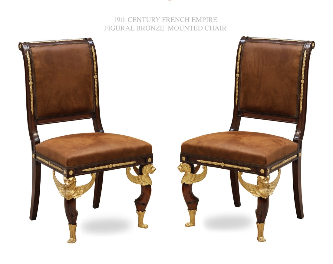 A PAIR OF 19TH C. FRENCH EMPIRE FIGURAL BRONZE MOUNTED CHAIRS (1 of 1)