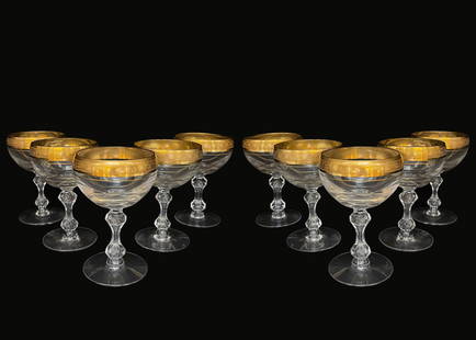 A Set Of Ten Westchester By Tiffin-Franciscan Gold Encrusted Band Crystal Wine Glasses: A Set Of Ten Westchester by Tiffin-Franciscan Gold Encrusted Band Crystal Wine Glasses. 3.5" D x 5.5" H