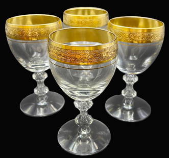 A Set Of Four Westchester By Tiffin-Franciscan Gold Encrusted Band Crystal Wine Glasses: A Set Of Four Westchester by Tiffin-Franciscan Gold Encrusted Band Crystal Wine Glasses. 2.5" D x 5" H