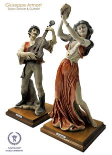 A Rare Pair Of Capodimonte Giuseppe Armani Gypsy Tambourine Dancer & Guitarist Figurines: A Rare Pair Of Italian Florence Capodimonte Giuseppe Armani's Gypsy Dancer & Guitarist Matt Hand Painted Porcelain Statues on Wooden bases. Signed by artist, 1983 dated, Capodimonte Hallmarked.