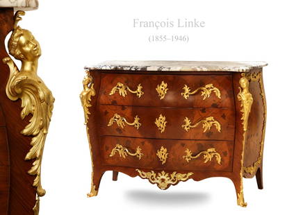 19th C. French Francois Linke Figural Gilt Bronze Mounted Commode Cabinet: 19th Century French Francois Linke Figural Gilt Bronze Mounted Commode Cabinet. H 37.5" x 23" x 49"