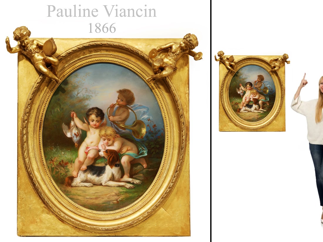 19th C. French Gilt Framed Oval Pastel Painting Of Cherubs, Pauline Viancin Signed (1 of 5)