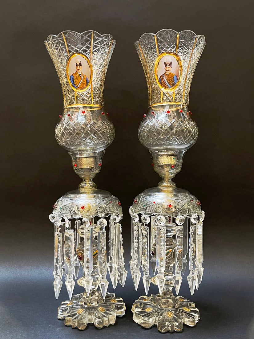 A Pair Of 19th C. Qajar Persian Market Baccarat Jeweled Crystal Lamps (1 of 9)