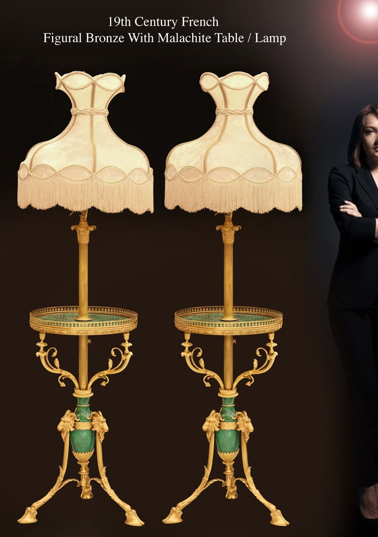 A Pair Of 19th C. French Malachite Figural Bronze Table/Pedestal/Lamp (1 of 1)