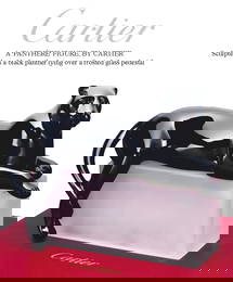 A CARTIER PANTHERE NOIRE FIGURINE ON FROSTED CRYSTAL BASE IN BOX