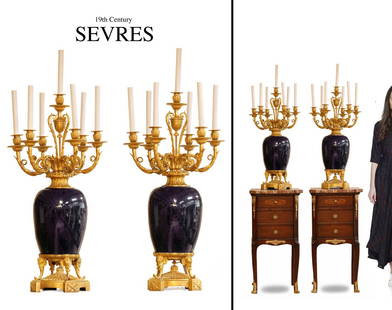 A Pair Of Large 19th C. French Sevres Figural Bronze Cobalt Porcelain Candelabras: A Pair Of Large 19th Century French Sevres Figural Bronze Cobalt Porcelain Candelabras. H 32" x D 17"