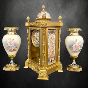 19th C. TIFFANY & Co. Sevres Champleve Bonze Clock Set