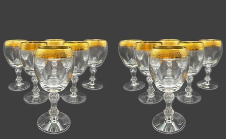 A Set Of Twelve Westchester By Tiffin-Franciscan Gold Encrusted Band  Crystal Wine Glasses