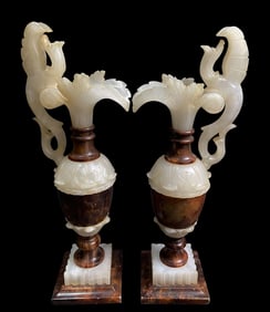 A Pair Of Chinese Figural Alabaster Ewers