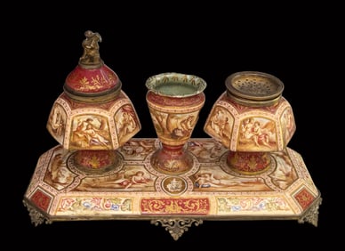 A Fine 19th C. Viennese Enamel On Bronze Inkwell