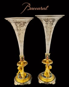 A Pair Of 19th C. Figural Champleve Bronze $ Baccarat Crystal Candlesticks