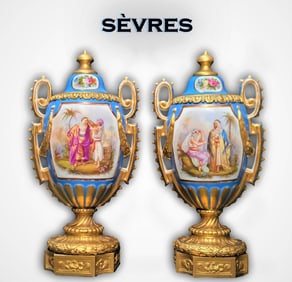 A Pair Of 19th C. Sevres Orientalist Hand Painted Porcelain Bronze Vases/Urns
