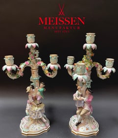 A Pair of 19th Century Meissen Porcelain Figural Candelabras, Hallmarked