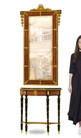 19th C. Neoclassical French Figural Gilt Bronze Mounted Enamel Mirror Console