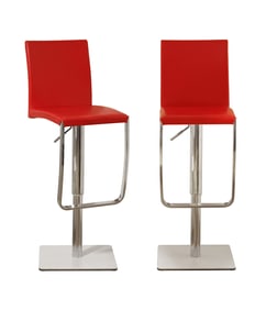 A Pair Of Red Adjustable Modern Bar Stools