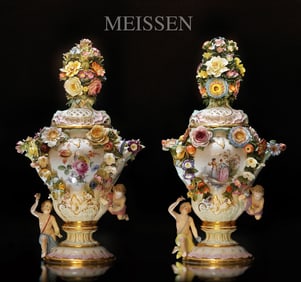 A Pair Of 19th C. German Meissen Hand-Painted Porcelain Figural Potpourri Urns/Vases, Hallmarked
