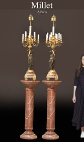 A Pair Of 19th C. Millet Patinated Bronze Rouge Marble Figural Candelabras, Signed