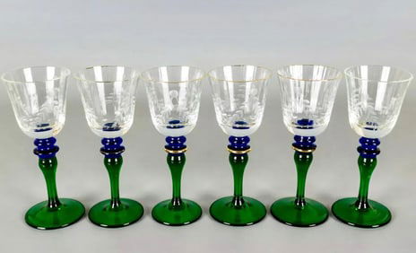 A Set Of Six Italian Murano Hand Blown Glass 24k W/ Gold Trim Green & Blue Wine Glasses