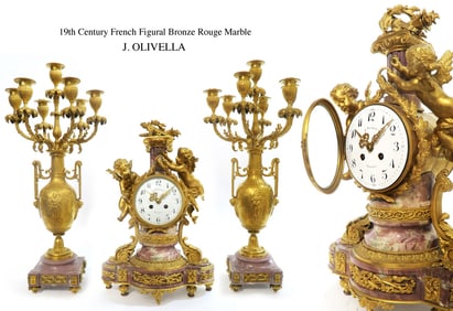 A Large 19th C. French J. Olivella Bronze Rouge Marble Figural Clock set